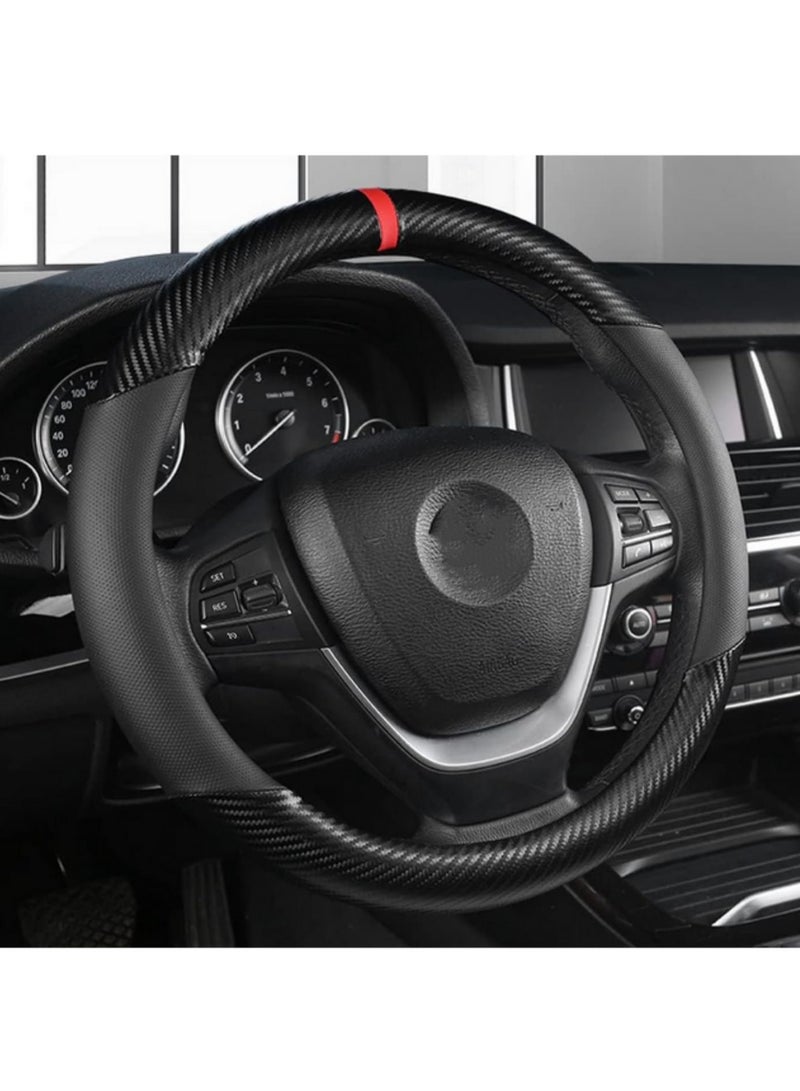 Generic Carbon Fiber Microfiber PU Leather Steering Wheel Cover Anti Slip Car Protector Sport for Enhanced Grip Safety Heat Cold Abrasion Resistant All Season Durable (37cm-38cm) - Image 2