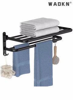 WAOKN Bathroom Towel Rack Non Perforated Storage Rack Wall Mounted Foldable Towel Storage Rack , Wall Mounted Towel Holder with Hooks for Bathroom, Living Room or Office,Foldable Towel Storage Black  - Image 1