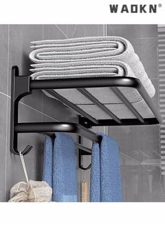 WAOKN Bathroom Towel Rack Non Perforated Storage Rack Wall Mounted Foldable Towel Storage Rack , Wall Mounted Towel Holder with Hooks for Bathroom, Living Room or Office,Foldable Towel Storage Black  - Image 2
