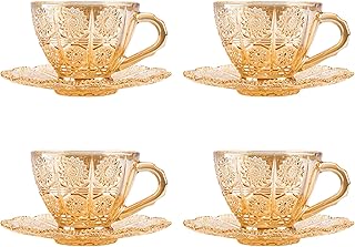 Linkidea Glass Tea Cups Sets of 4 with Saucers, 6 Oz Vintage Coffee Mug Glasses Flower Embossed Glassware Set and - Image 1