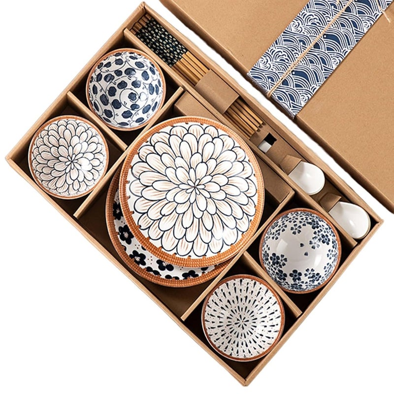 DLEST 14 Piece Japanese Ramen Ceramic Plates Bowls and Spoons Set with Chopsticks for Soup Pasta Rice Salad and Noodles with Gift Box 2Plate 4Bowls 4Spoon 4ChopStick - Image 1