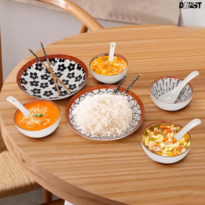 DLEST 14 Piece Japanese Ramen Ceramic Plates Bowls and Spoons Set with Chopsticks for Soup Pasta Rice Salad and Noodles with Gift Box 2Plate 4Bowls 4Spoon 4ChopStick - Image 2