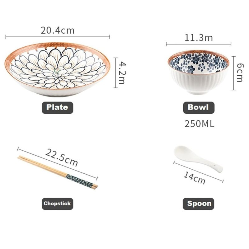 DLEST 14 Piece Japanese Ramen Ceramic Plates Bowls and Spoons Set with Chopsticks for Soup Pasta Rice Salad and Noodles with Gift Box 2Plate 4Bowls 4Spoon 4ChopStick - Image 5
