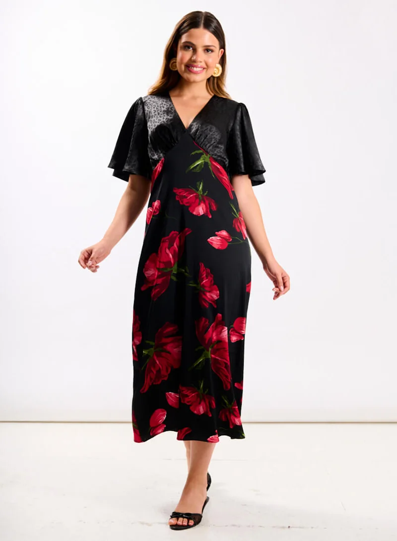 نيدز نو ليبل Red Floral Animal Mix Midi Dress
