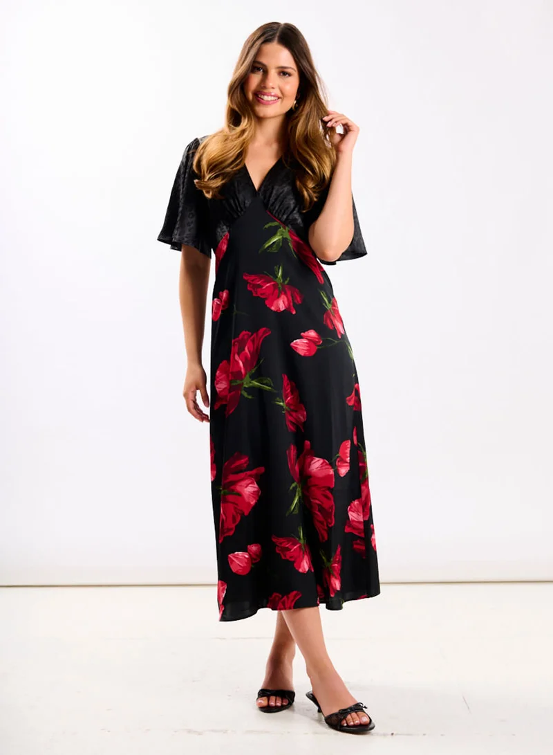 Red Floral Animal Mix Midi Dress