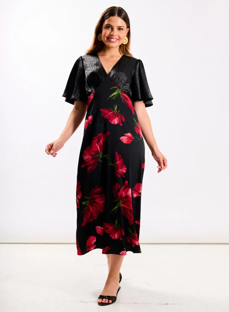 Needs No Label Red Floral Animal Mix Midi Dress