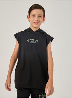 Styli Slogan Print Sleeveless Hooded T-Shirt  - Image 1