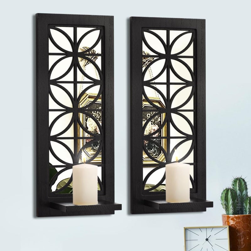 Aeveco Wall Mirrored Candle Sconces Set of 2, Decorative Wooden Candle Holder, Rustic Candle Sconce, Living Room Wall Decoration (Black (Style 1)) - Image 4