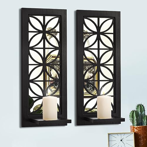 Aeveco Wall Mirrored Candle Sconces Set of 2, Decorative Wooden Candle Holder, Rustic Candle Sconce, Living Room Wall Decoration (Black (Style 1)) - Image 1