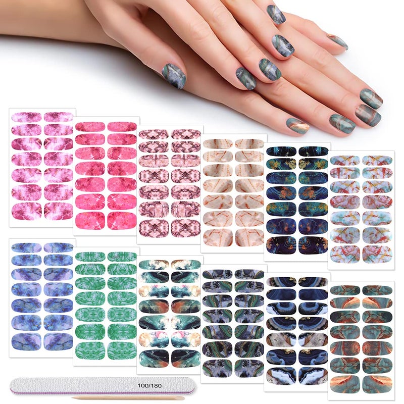 Nail Polish Strips, DANNEASY 12 Sheets Marbling Print Nail Stickers Tips Adhesive Nail Wraps Manicure Kit 1Pc Nail File + Wood Cuticle Stick