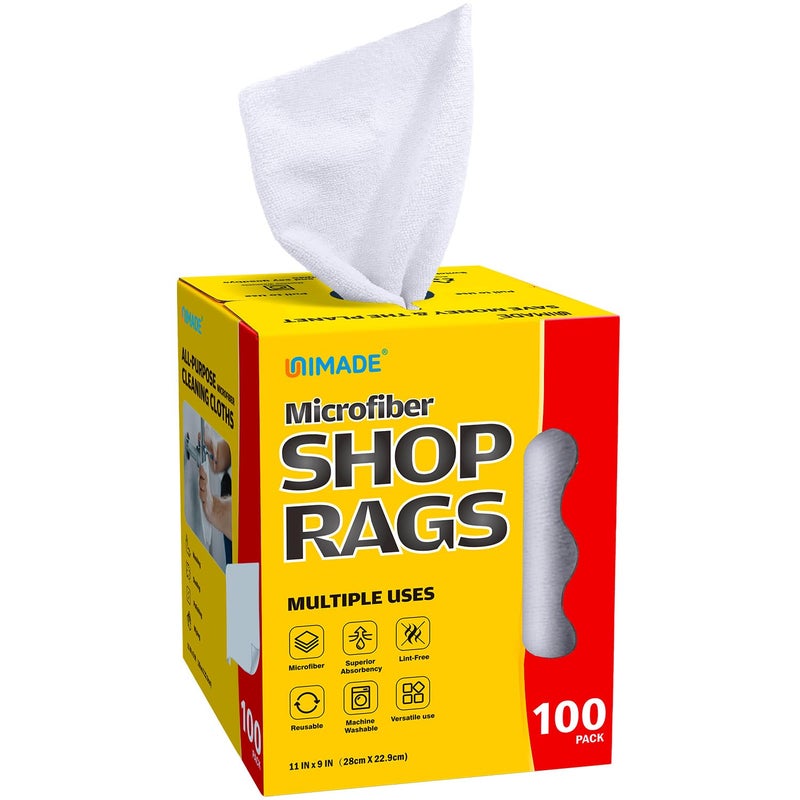 UNIMADE Shop Rags, 100 Sheets Microfiber Cleaning Cloth Commercial Grade Washcloths Lint-Free Bulk Shops Towels for Cars Mechanic Restaurant Garage Housekeeping, 11"x 9", White - Image 1