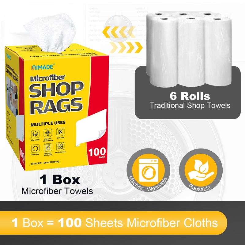 UNIMADE Shop Rags, 100 Sheets Microfiber Cleaning Cloth Commercial Grade Washcloths Lint-Free Bulk Shops Towels for Cars Mechanic Restaurant Garage Housekeeping, 11"x 9", White - Image 2