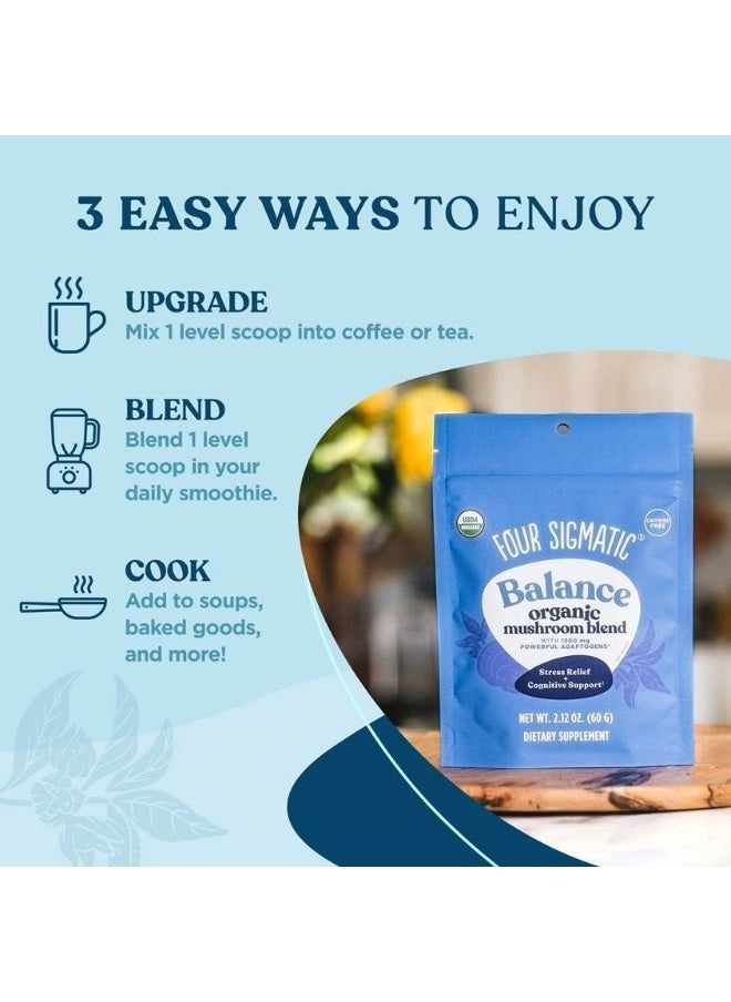 Adaptogen and Mushroom Blend Balance Mix by Four Sigmatic | Adaptogen Supplement with Ashwagandha, Moringa, Holy Basil, Reishi, Chaga and More | Natural Stress Relief and Immune Support Supplement