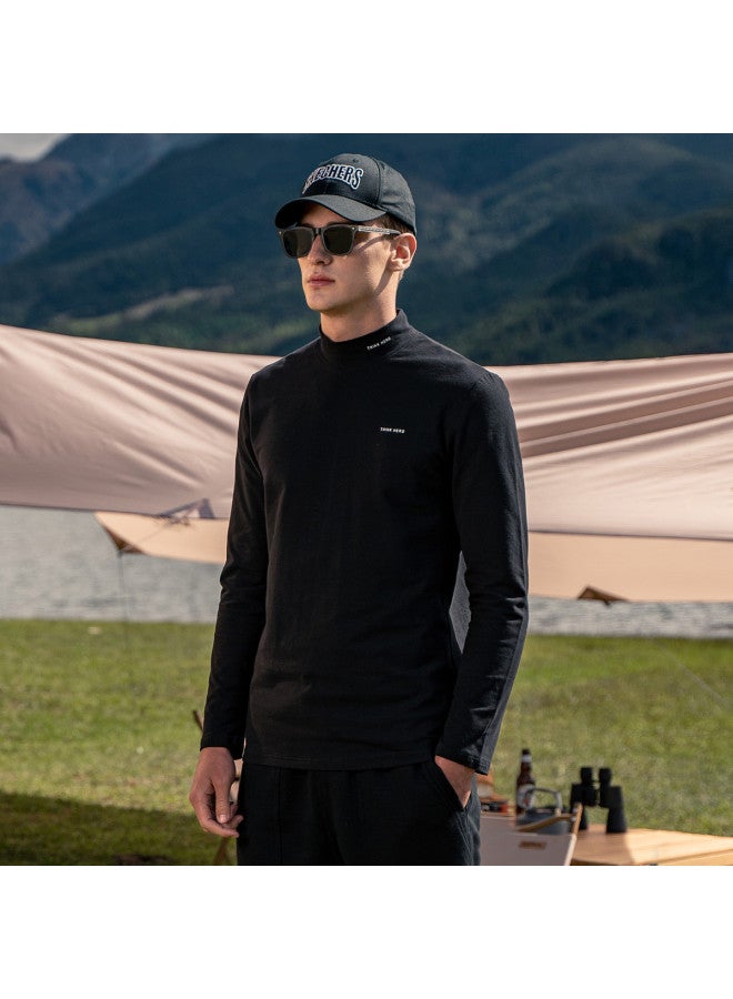 Semi-turtle Neck Heavyweight】long Sleeve T-shirt For Men - Minimalist Print Base Layer Mid-neck Tee - Image 3