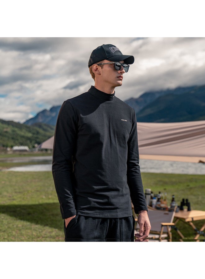 Semi-turtle Neck Heavyweight】long Sleeve T-shirt For Men - Minimalist Print Base Layer Mid-neck Tee - Image 5