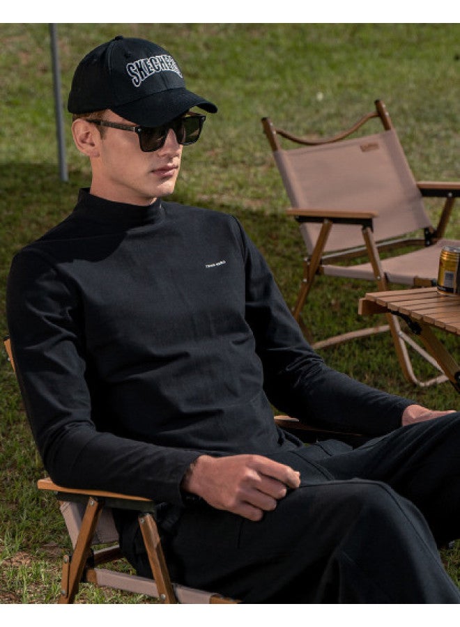 Semi-turtle Neck Heavyweight】long Sleeve T-shirt For Men - Minimalist Print Base Layer Mid-neck Tee - Image 1