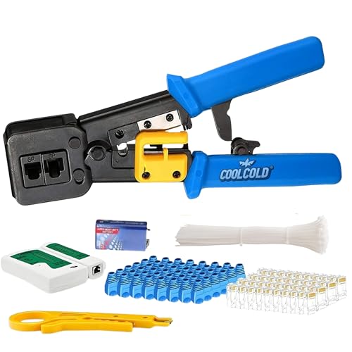 COOLCOLD RJ45 Crimping Tool | Kit – Passthrough Ethernet Crimper – Includes Network Cable Tester with Battery, Wire Cutter, 10pc Cat6 Pass-Through Connectors & 10pc Boots, 10pc Cable Ties - Image 1