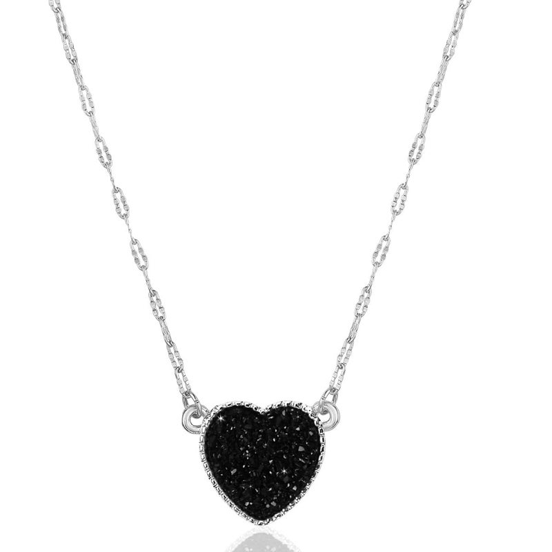Humble Chic NY Black Heart Necklace, Silver Tone - Women's Preppy Black Necklace, Simulated Druzy Chain, Black Pendant - Image 1