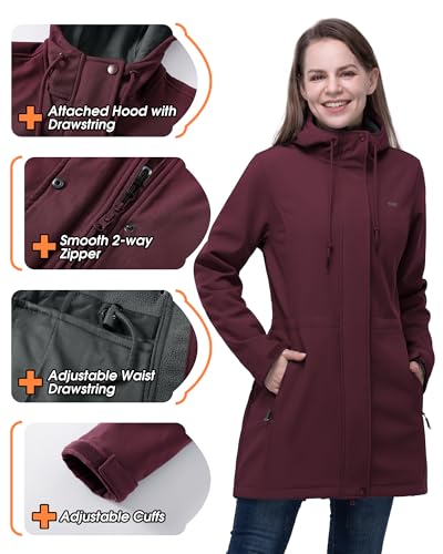 33,000ft Women's Softshell Long Jacket with Hood Fleece Lined Windproof Warm up Waterproof Windbreaker - Image 4