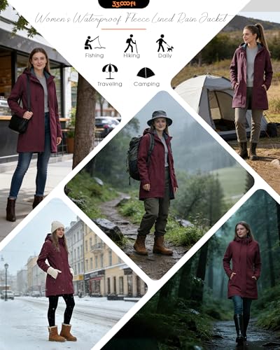 33,000ft Women's Softshell Long Jacket with Hood Fleece Lined Windproof Warm up Waterproof Windbreaker - Image 2