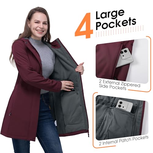 33,000ft Women's Softshell Long Jacket with Hood Fleece Lined Windproof Warm up Waterproof Windbreaker - Image 5