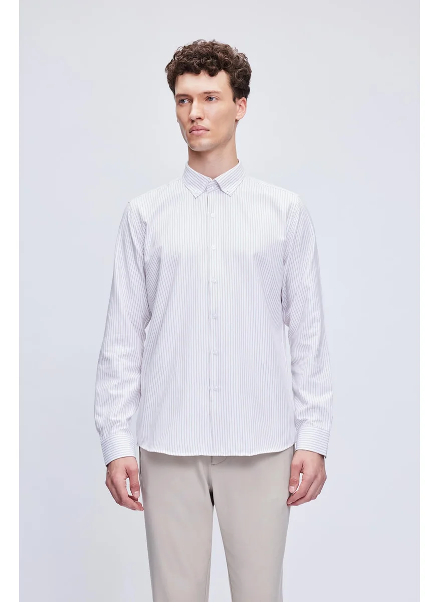 Hatemoğlu Brown Comfort Fit Striped Cotton Button-down Collar Long Sleeve Casual Shirt