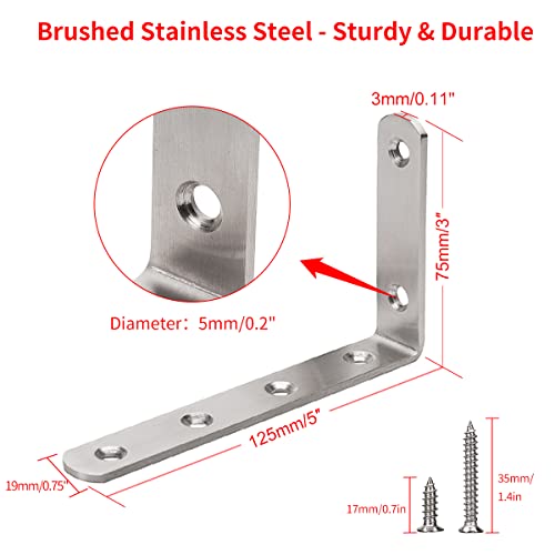 YUMORE L Bracket, 5" x 3" Max Load: 35lb/15KG Heavy Duty Stainless Steel Solid Shelf Support Corner Brace Joint Right Angle Bracket, Pack of 4 - Image 4