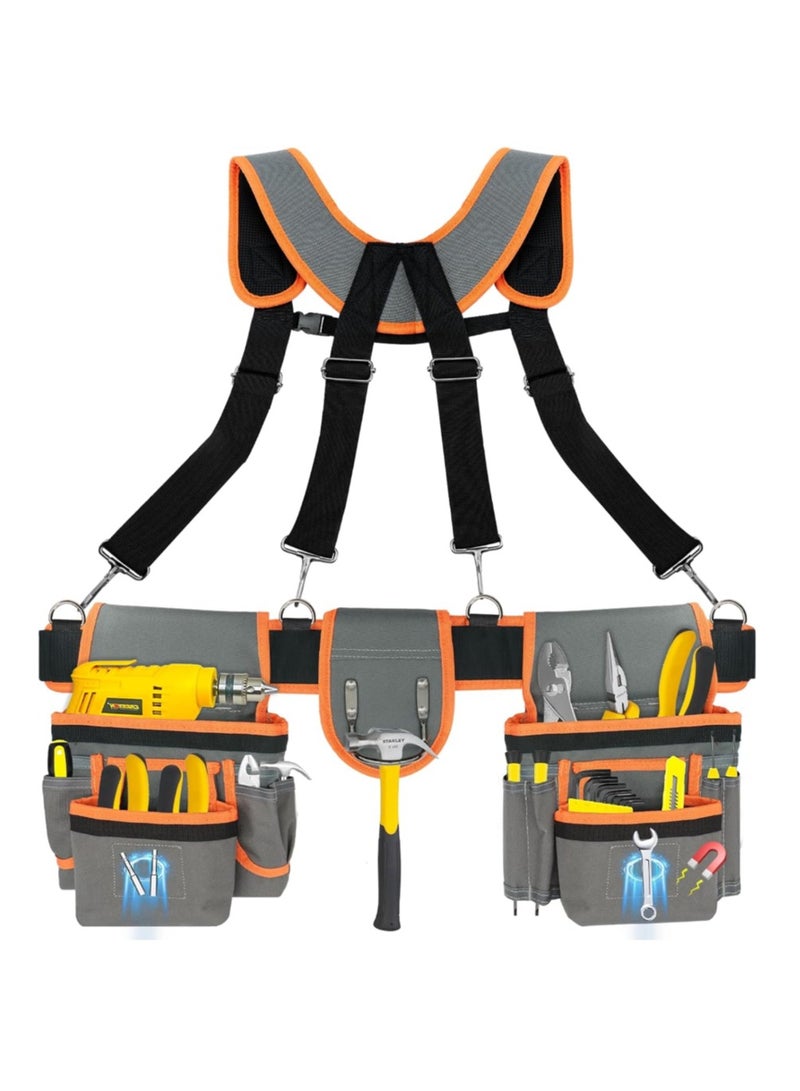 Ainawo Tool Belts For Men With Magnetic Function, Large Capacity Carpenter Electrician Tool Belt With Suspenders For Men, Electrician Tool Pouch Bag With Adjustable Waist Size, Grey And Orange - Image 1
