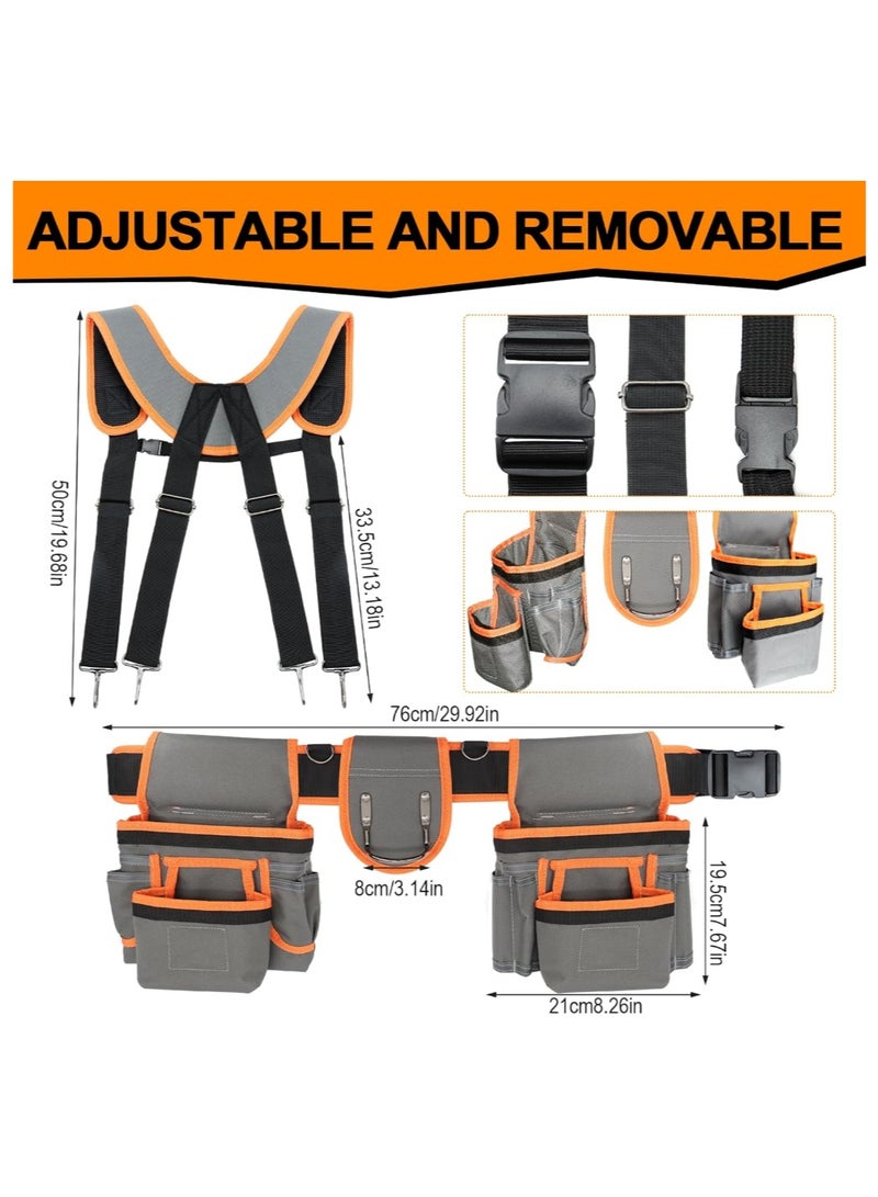 Ainawo Tool Belts For Men With Magnetic Function, Large Capacity Carpenter Electrician Tool Belt With Suspenders For Men, Electrician Tool Pouch Bag With Adjustable Waist Size, Grey And Orange - Image 2