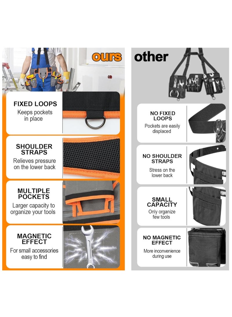 Ainawo Tool Belts For Men With Magnetic Function, Large Capacity Carpenter Electrician Tool Belt With Suspenders For Men, Electrician Tool Pouch Bag With Adjustable Waist Size, Grey And Orange - Image 4