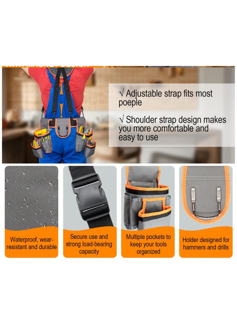 Ainawo Tool Belts For Men With Magnetic Function, Large Capacity Carpenter Electrician Tool Belt With Suspenders For Men, Electrician Tool Pouch Bag With Adjustable Waist Size, Grey And Orange - Image 5