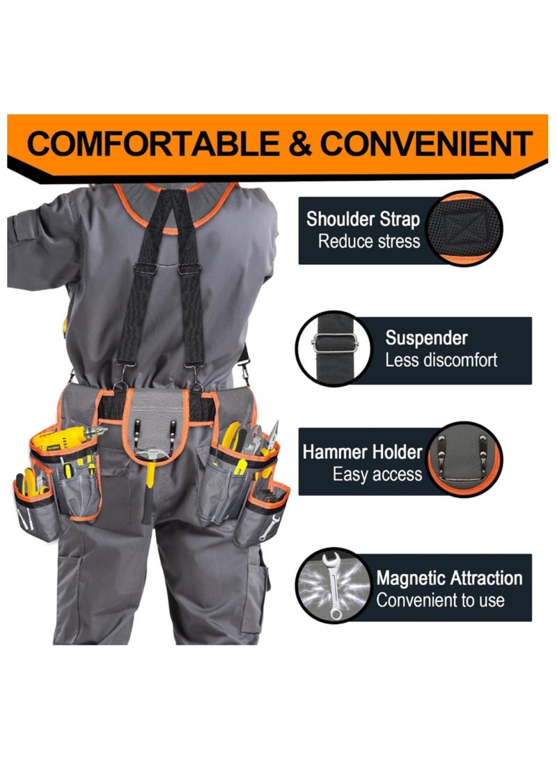 Ainawo Tool Belts For Men With Magnetic Function, Large Capacity Carpenter Electrician Tool Belt With Suspenders For Men, Electrician Tool Pouch Bag With Adjustable Waist Size, Grey And Orange - Image 3