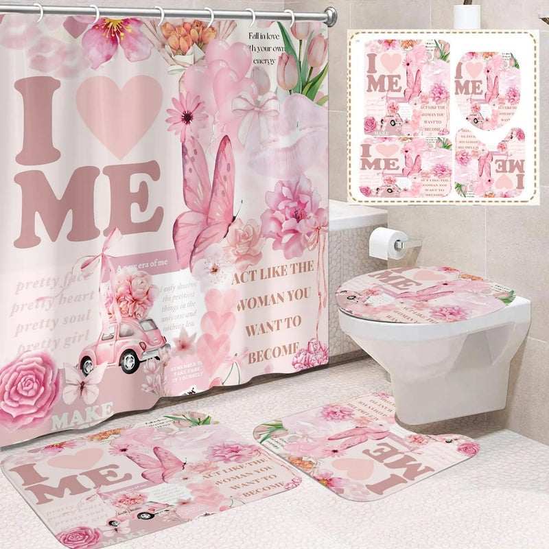 Y&D 4 Pcs Happy Valentine's Day Shower Curtain Set with Non Slip Rugs Toilet Lid Cover Bath Mat U Shaped Mat Bathroom Curtain - Image 1