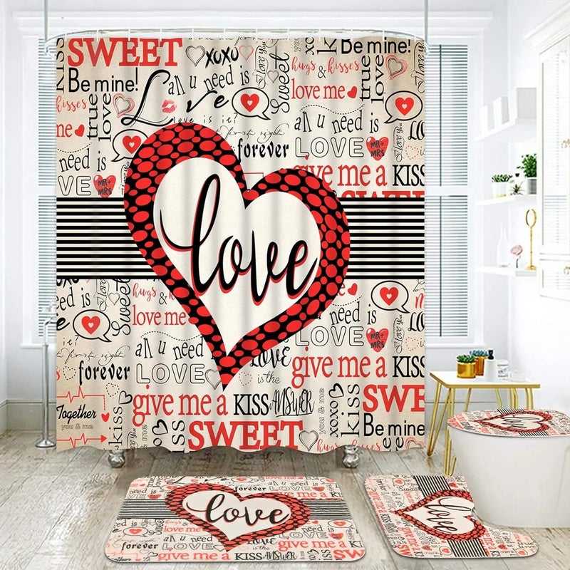 Y&D 4 Pcs Happy Valentine's Day Shower Curtain Set with Non Slip Rugs Toilet Lid Cover Bath Mat U Shaped Mat Bathroom Curtain - Image 4