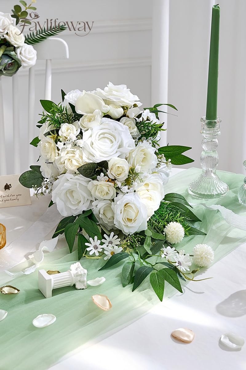 Faylifeway Wedding Bouquets for Bride, White Cascading Bridal Bouquet Artificial Flowersï¼Œ9.8 Inch Bride Bouquets for Wedding Decoration, Boho Ceremony,Church, Anniversary Decor - Image 2