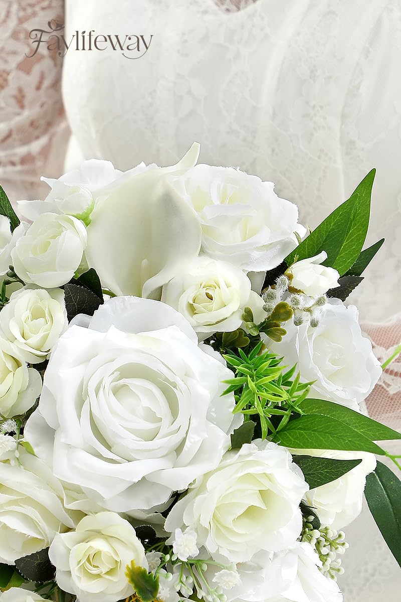 Faylifeway Wedding Bouquets for Bride, White Cascading Bridal Bouquet Artificial Flowersï¼Œ9.8 Inch Bride Bouquets for Wedding Decoration, Boho Ceremony,Church, Anniversary Decor - Image 3