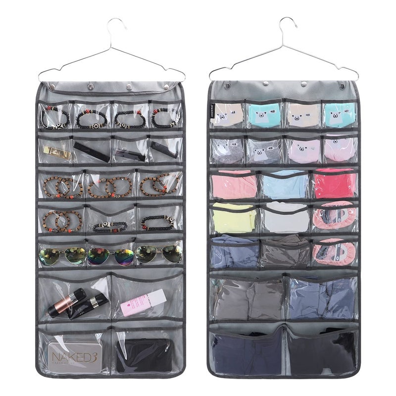 ANZORG Dual Sided Hanging Organizer for Jewelry Makeup Storage Closet Organizers for Bows Socks Underwear with 42 Clear Pockets (GREY) - Image 1