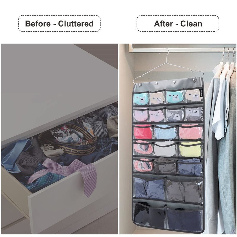 ANZORG Dual Sided Hanging Organizer for Jewelry Makeup Storage Closet Organizers for Bows Socks Underwear with 42 Clear Pockets (GREY) - Image 4