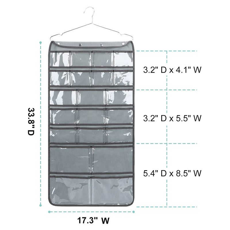 ANZORG Dual Sided Hanging Organizer for Jewelry Makeup Storage Closet Organizers for Bows Socks Underwear with 42 Clear Pockets (GREY) - Image 3
