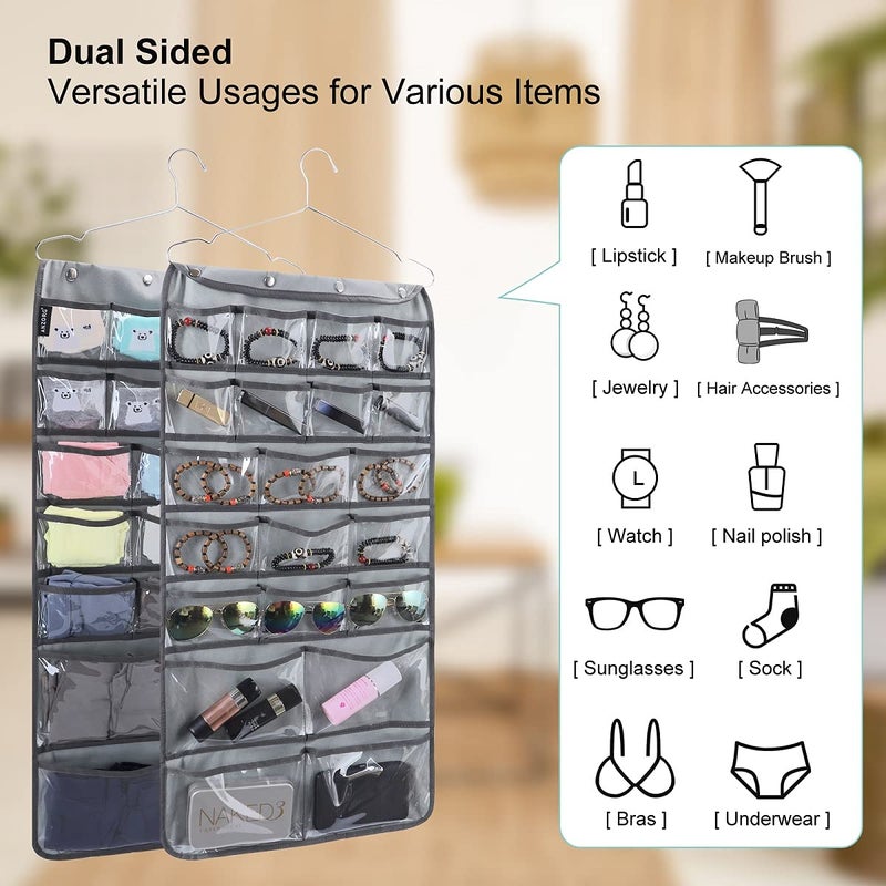 ANZORG Dual Sided Hanging Organizer for Jewelry Makeup Storage Closet Organizers for Bows Socks Underwear with 42 Clear Pockets (GREY) - Image 2