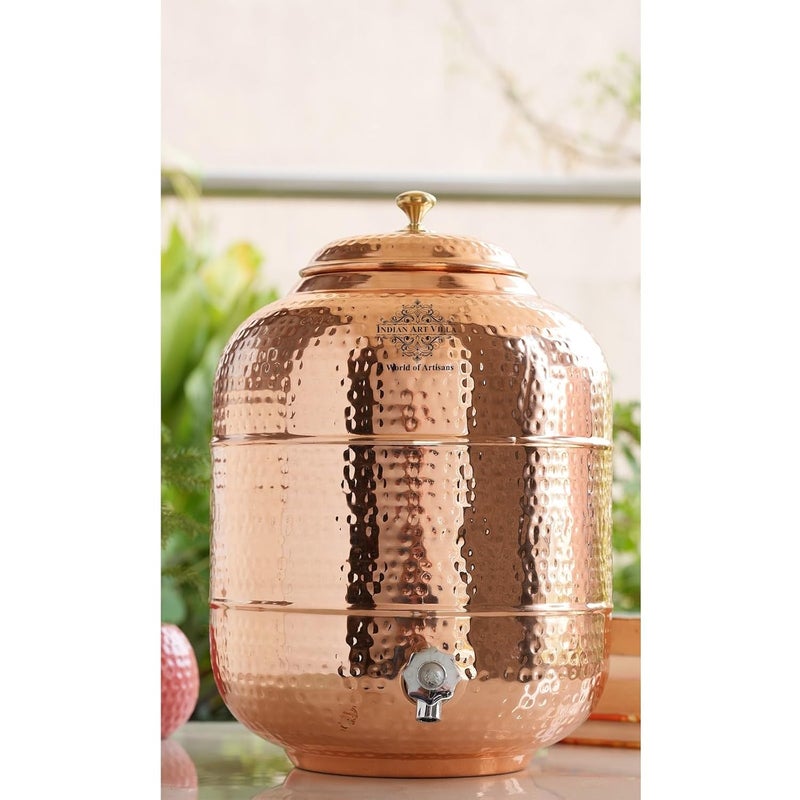 INDIAN ART VILLA Indian Art Villa Pure Copper Hammered Design Water PotDispenserContainerMatkaTank with Brass Tap for Storage Serving Water Health Benefits Volume10 Liters  - Image 3