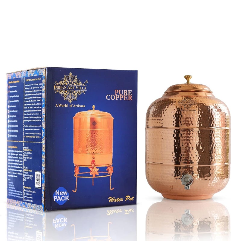 INDIAN ART VILLA Indian Art Villa Pure Copper Hammered Design Water PotDispenserContainerMatkaTank with Brass Tap for Storage Serving Water Health Benefits Volume10 Liters  - Image 1