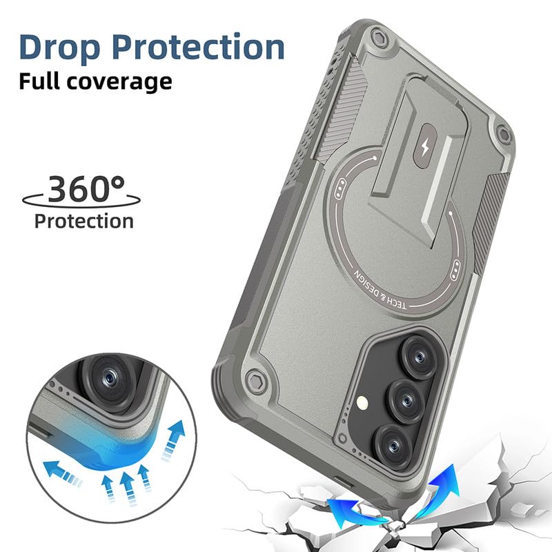 US LITE Back Cover for Samsung Galaxy S24 with Portable Kickstand | Mag-Safe Compatible Magnetic Case | Shockproof Military Grade Protection | Extreme Protection Phone Cover – Grey - Image 3