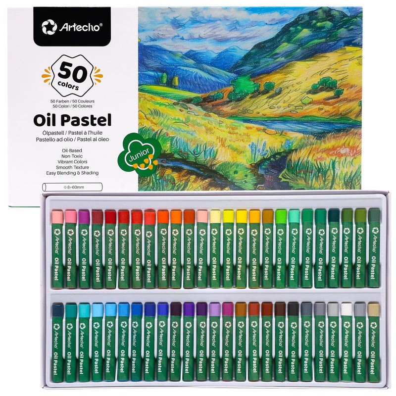 Artecho Oil Pastels Set of 50 Colors 8 x 60 mm Soft Oil Pastels for Art Painting Drawing Blending Art Supplies for Artists Teachers