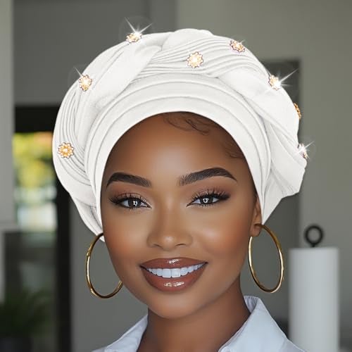 Woeoe African Turban Pre-Tied White Headwrap for Women (White) - Image 3
