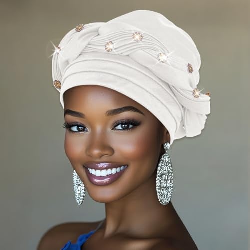 Woeoe African Turban Pre-Tied White Headwrap for Women (White) - Image 5