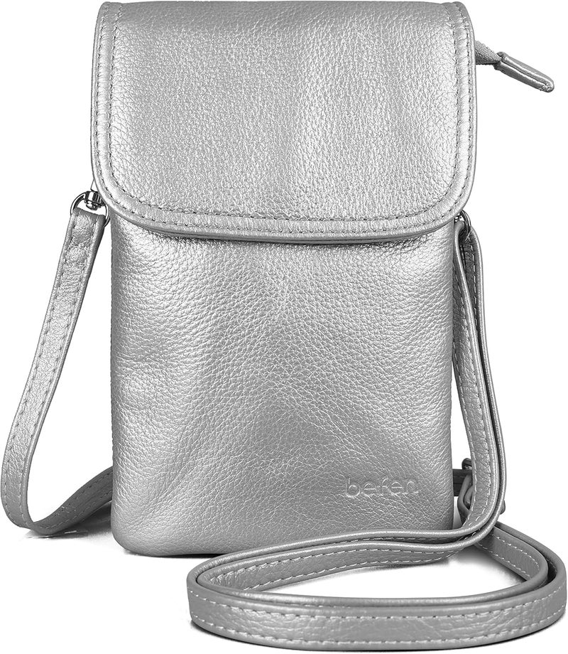 befen Genuine Leather Small Crossbody Bags for Women Cell Phone Bag Cross Body Purses,Silver Zipper - Image 1