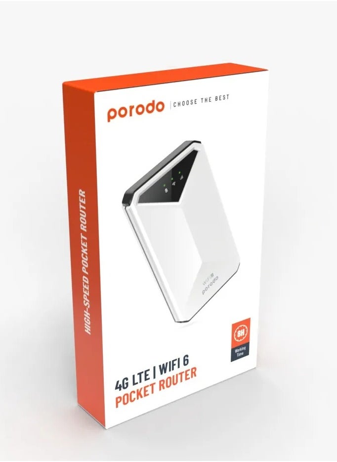 porodo - Pocket Router with 4G LTE & Wifi 6 / Nano/Micro Sim /10 Connected Devices / Secure Encryption / 8H Working Time / 2100mAh Battery - White - Image 1