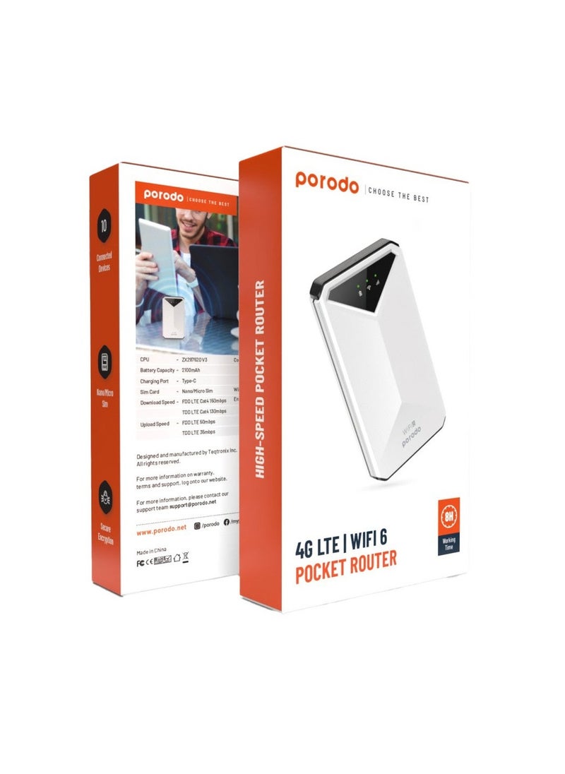 porodo - Pocket Router with 4G LTE & Wifi 6 / Nano/Micro Sim /10 Connected Devices / Secure Encryption / 8H Working Time / 2100mAh Battery - White - Image 1