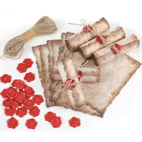 Sinload Vintage Writing Invitations Set Includes 100 Letter Antique Scroll Rustic Papers 100 Wax Seal Stickers 3 Strands of Twine for Valentines Mother Stationery Old Medieval Cardstock(5 x 7 Inch) - Image 1